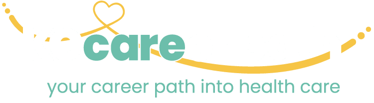 Logo featuring the word 'care' in teal with a yellow heart-shaped ribbon and the slogan 'your career path into health care'.