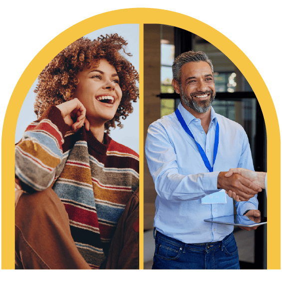 Joyful woman on the left and a man in a blue shirt shaking hands on the right, inside a rounded arch with a yellow border—symbols of collaboration.